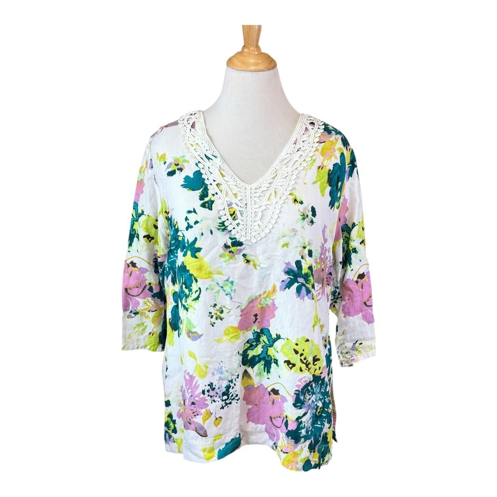 Premise Floral Linen Blend  V-Neck Tunic with Crochet Detail Size XL